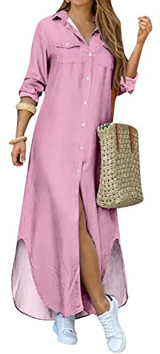 YMING Femmes Robe à Manches Longues Grande Taille Rayé Imprimé Floral Décontracté Lâche Rabattement Fendu Fête Maxi Robes Rose L