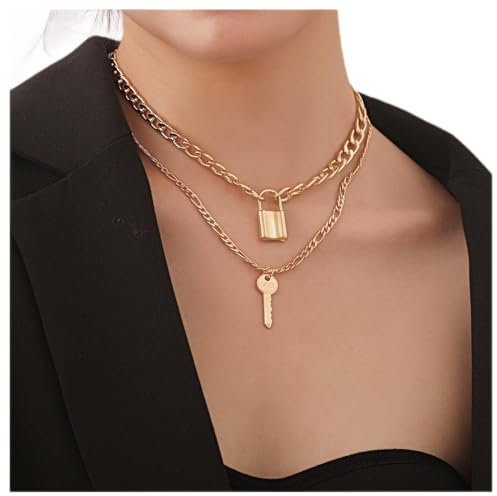 Dervivea Gold Boho Layered Lock Necklaces Choker Key Pendant Necklace Chain Punk Chunky Chain Necklace for Young Girls