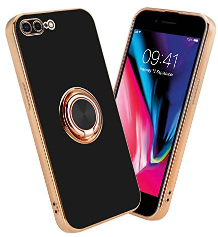 cadorabo Case compatible with Apple iPhone 7 PLUS / 7S PLUS / 8 PLUS in Glossy Black - Gold with ring - Protective cover made of flexible TPU silicone, camera protection, magnetic car holder