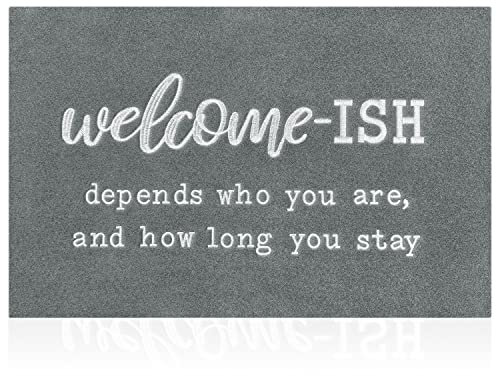 JJUUYOU Large Welcome Mats Outdoor Front Door Mat Indoor Entrance with Non Slip Rubber Back Funny Welcome-ish Durable Doormats Entryway Decor for Home Farmhouse, Light Gray 90X60CM