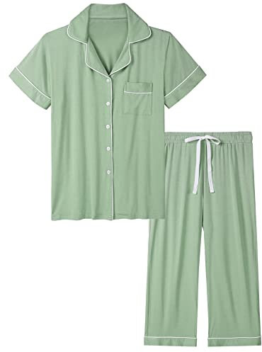 Amorbella Women Soft Bamboo Pajamas Set Button Down/Up/Front Pyjamas Moisture Wicking Nightwear(Sage Green, XL)