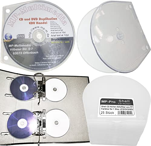 MP-Pro Abheftbare Shell CD-Hüllen 25/50/100 Stück aus Transparente biegsame PP-Plastik mit Lochung für Ordner & Ringbücher – zur CD/DVD/Blu-ray Archivierung & platzsparenden Aufbewahrung - 25 Stück