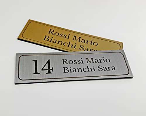 Targhetta in plastica bicolore, oro-nero/argento-nero, fuori porta, campanello, cassetta della posta, incisione personalizzata su 3 righe - 10x3cm (argento)