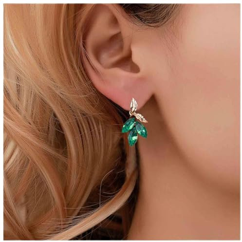 Yheakne Vintage Emerald Drop Earrings - Crystal Leaf Dangle Earrings with Cz Green Rhinestone - Bridal Jewelry for Women and Girls