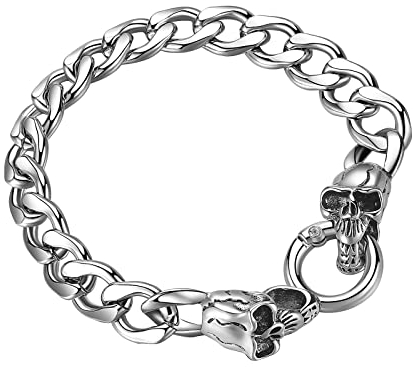JewelryWe Schmuck Armband Herren Gotik Punk Totenkopf Schädel Ring Panzerkette Armkette Edelstahl Kubanische Kettenarmband Geschenk für Männer Silber