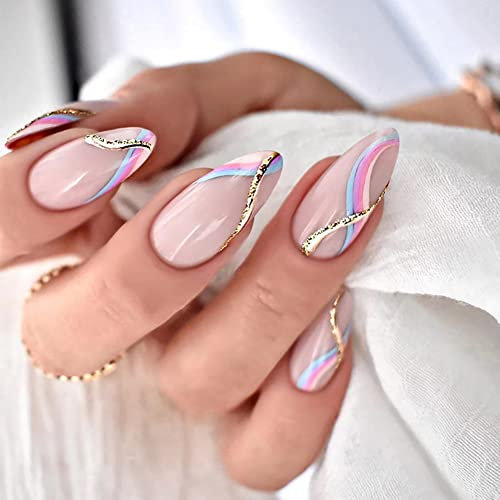 Carufin 24pcs Moon stars faux ongles amour coeur Wave perles acrylique faux ongles faux ongles faux ongles imprimés pointes faux ongles femmes (D)