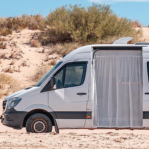 Living in a Bubble White Boho-Chic Bug Screens & Curtains for Mercedes-Benz Sprinter Mid/High Roof and Other Campervans, Universal Size Sliding Door Flyscreen Mosquito Net