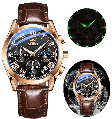 OLEVS Herren-Armbanduhr, Chronograph, Quarz, Lederarmband, goldenes Gehäuse mit Datum, Edelstahl-Uhr, leuchtend, modisch, lässig, G2871-black Dial with Brown Band, Armband