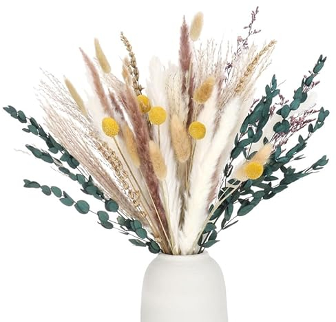 RosewineC 60 Stück Trockenblumen Deko Set Natürliche Pampasgras Getrocknet Blumen Dried Flowers Pflanzen Blumenstrauß Boho Pampas Deko für Wohnzimmer Home Hochzeit Vasen Tischdeko(Beige)
