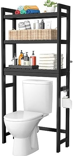 Homykic Bamboo Over The Toilet Storage Shelf, 3-Tier Above Toilet Storage Organizer Rack with 3 Hooks, Freestanding Bathroom Tower Shelf Unit for Small Space, No Rust, Easy to Assemble, Black