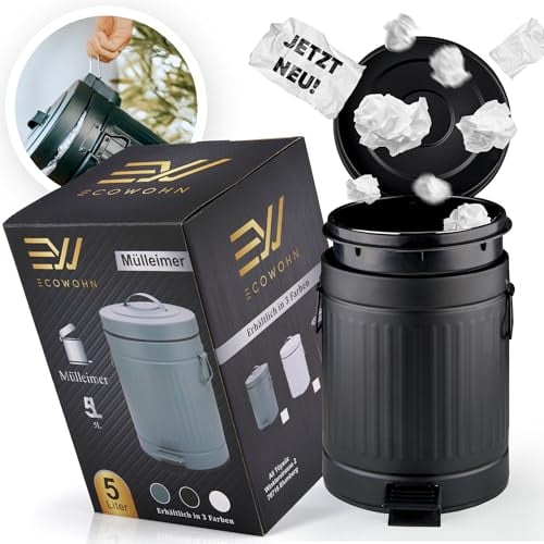 EcoWohn Mülleimer fürs Bad, Kosmetikeimer [Softclose, 5 Liter in Landhausstil] Kleiner Badmülleimer | Abfalleimer in Vintage Style | das perfekte Geschenk | Schwarz