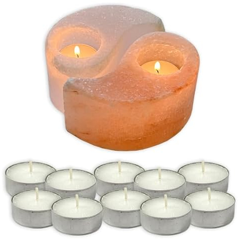 Yin und Yang Salzkristall Teelichhalter Ø 13cm im Set im Set 10 passenden Teelichter Ø 39mm als Geschenkset oder für den eigenen inneren Ausgleich