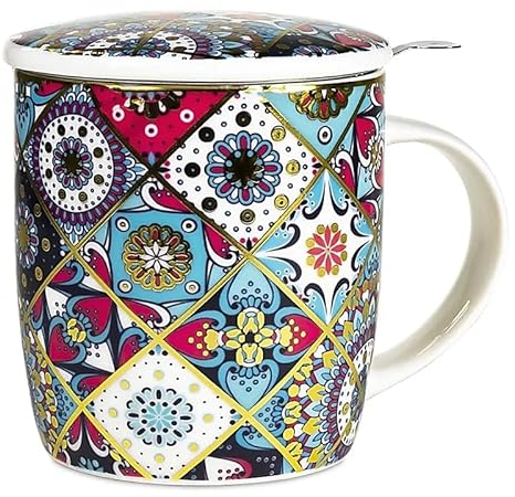 Generico Tasse à Thé Mandala Oriental Mug Porcelaine Fine Infuseur Inox Cup 400 ml