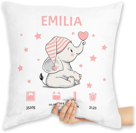 Kissen 40x40 Zierkissen - Elefant Geburtsdaten mit Name personalisiert I Geschenk zur Geburt - 40 x 40 cm - Weiß - personalisierte Babygeschenk Geburtsgeschenk Baby geburtskissen neugeboren