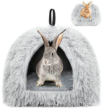 Sbayool Calming Rabbit Bed House, Cozy and Warm Rabbit Hideaway Guinea Pig Bed House with Movable Pad for Rabbits Guinea Pigs Hedgehogs Ferrets and Other Small Pets, Grey