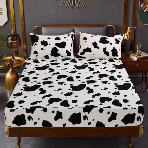 Plüsch Spannbettlaken 100x200 cm Schwarz Weiß Winter Kuhflecken Kuh Muster Warme Boxspringbett Bettlaken Kuschel Samt Fleece Flausch Frottee Spannbetttücher 120 Leintuch für Hohe Matratze bis 25-30 cm