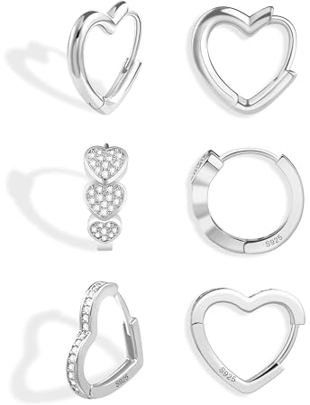 Ohrringe Silber 925 Herz Creolen Set Damen, 3Paar Sterling Silber 925 Creolen Kleine Liebe Herz Glitz Ohrringe mit Zirkonia Strass, Creolen Klein Knorpel Huggies Kreolen Silber Herzförm Ohrringe Set