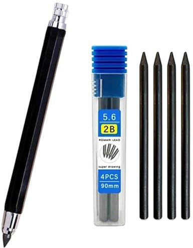 JOMPENS Druckbleistift-Set aus Metall, 5,6 mm, mit Clip, Metall-Druckbleistift, Graphitbleistift und 4 Minen für Bau, Zeichnen, Basteln, Kunstskizzieren (schwarzer Stift und 4 Minen)