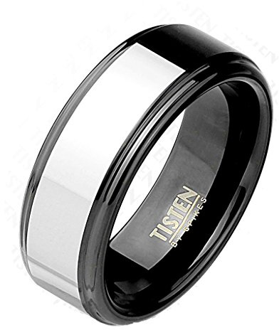 Paula & Fritz® Ring Herren Schwarz Silber TISTEN Titan-Wolfram Größe 59 (18,8) - 70 (22,3) 8-mm breit Partnerring Ehering Memoire-Ring Inlay Damen