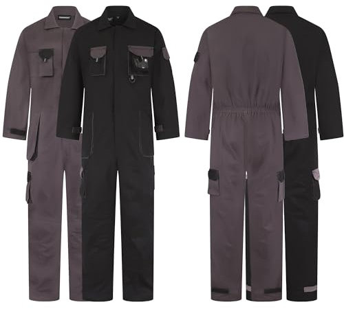 LABEL APPAREL Mens Overall Workwear Suit - Boiler Suit Coveralls Black Grey Work Wear Mechanics Working Protective Suit for Men, Size- M to 2XL