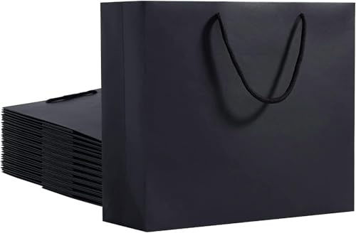 FWEEK 24 Stück Schwarze Papiertaschen mit Henkel, 40 x 12 x 28 cm | Tragetaschen aus 250-g/m²-Papier für Geschenke, Einkäufe, Partys und Veranstaltungen