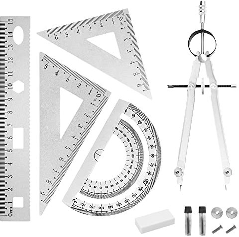 YAANBUNB Set di 6 righelli in lega di alluminio per geometria, compasso, matematica, righello, geometria, set di strumenti tra cui righello, goniometro, bussola e gomma, per studenti, insegnanti,