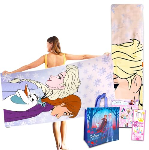 Disney Juego de toallas de playa Frozen – Paquete con toalla de playa Frozen de 40 x 72 pulgadas más bolsa, calcomanías y más | Accesorios de playa Frozen Elsa y Anna para niñas
