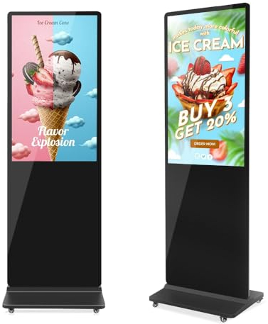 MWE 49 Pulgadas Pantalla Publicidad con 4 Ruedas, Señalización Digital, LCD Monitor Vertical, Sistema Android, Adecuado para Tienda, Restaurante, Centro Comercial, Negro