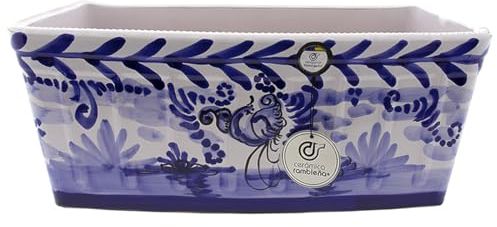 CERÁMICA RAMBLEÑA | Jardinera | Jardinera balcón | Jardinera Exterior | Jardinera Rectangular | Jardinera Decorado montería Azul - Modelo J02 | 100% Decorada a Mano | 41x19x18 cm