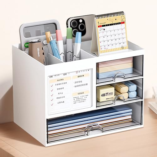 XUNIVERS Schreibtisch Organizer - Büro-Organizer mit,Schreibtisch Organizer 4 Fächern und 3 kleinen Schubladen, Desk Storage Box für Stiftehalter, Remote-Control und weitere kleine Büroartikel-Weiß