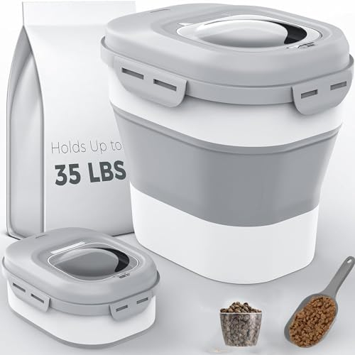 Taylor & Brown Collapsible Airtight Pet Food Storage Container With Measuring Cup & Plastic Scoop Treats For Pet Dog Cat Animal Dry Food Dispenser With Wheels (Grey)
