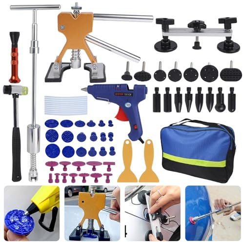Putentfun Reparaturset für Karosserie, 66-teilig, lackfreies Dellenentfernungs-Set, Auto-Dellenentferner, mit goldenem Dellenzieher, T-Stangenabzieher, Brückenabzieher für Auto-Dellen, Türbeulen,