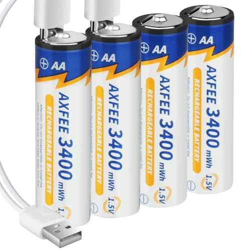 AXFEE 1.5V AA Lithium Rechargeable Batteries, High Capacity 3400mWh Rechargeable AA Battery with 2 in 1 USB Charging Cable, 1H Fast Charge, 1500 Cycles, Li-ion AA Batteries, 4 Pack with Storage Box