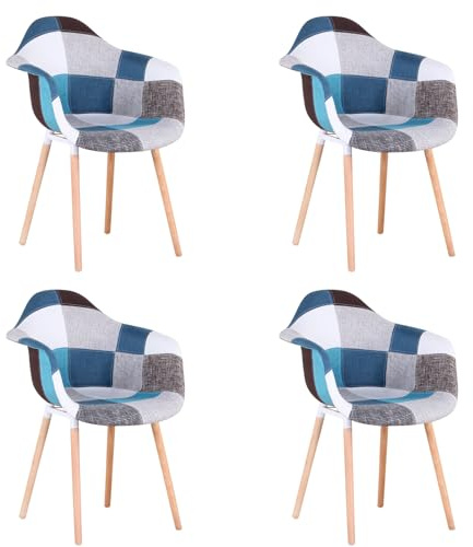 Uderkiny 4er-Set Esszimmerstühle, Skandinavischer Patchwork-Stuhl, Moderner Design-Sessel, Leinenrücken, Holzbeine（Blau，4）