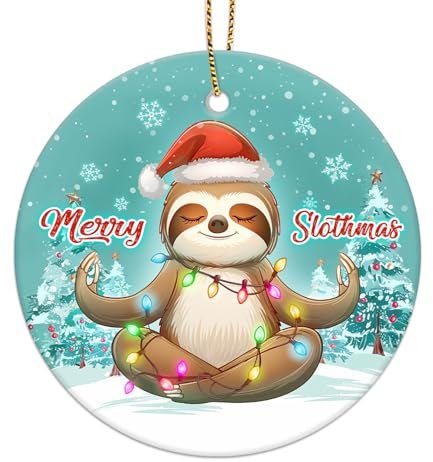 Geschenke für Weihnachten, 7,4 cm Keramik-Hängeornament für Weihnachtsbaum, leicht, beidseitig bedruckt, flach, Weihnachtsdekoration, Faultier
