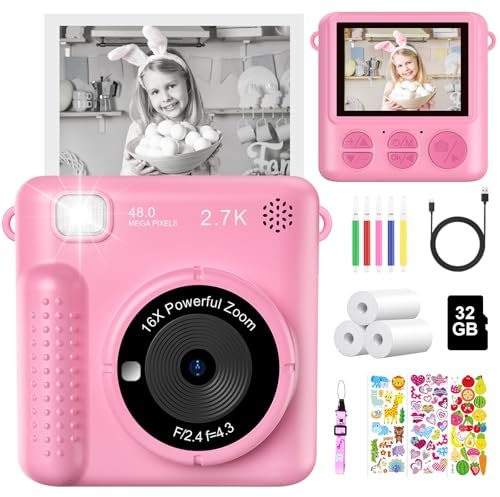 Camara Fotos Infantil Instantanea, 2,4 Pulgada 1080P HD Camara de Fotos para Niños con Tarjeta de 32G y Papel Fotográfico de Impresión, Juguete Cámara Digital, Regalos para Niños y Niñas 3 a 12 años