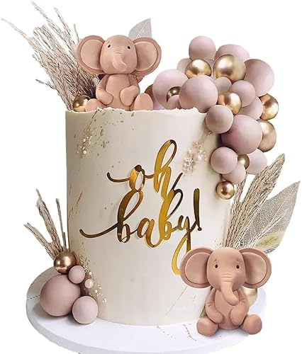 35 Stück Cake Toppers Rosa Elefant, Weizen Blätter Kuchen Dekoration, Schaumkugel Cupcake Topper für Baby Junge Mädchen Geburtstag Party Elefant Baby Dusche Kuchen Dekor - Rosa
