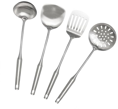 304 Stainless Steel Kitchen Utensils Set 4 Pcs 38cm Long Cooking Utensil, Spatula, Soup Spoon, Leaking Shovel, Turner Kitchen Tools Set