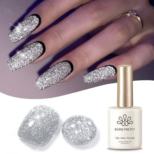 BORN PRETTY Reflective Glitter Gel Nail Polish 15ml Silver Iridescent Reflective Gel Polish Sparkly Shiny Disco DJ LED Gel Gift Set for Women