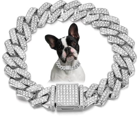 Silver White Chain Dog Collar For Large Dogs, Diamond Metal Cuban Link French Bulldog Chain,15mm Wide Bling Sparkly Puppy Necklace for Small Medium Large Pet Dogs Cats(20 inch)
