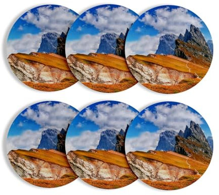 Untersetzer aus rundem Korkboden - Specht und Klippen des Berges, natürliche Landschaft, 6 Stück (95 x 95 mm)