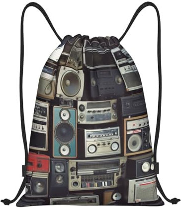 LMNGH Rucksack mit Kordelzug, für Sport, Fitnessstudio, Vintage, Wand-of-Radio, Boombox, Sackpack, Tasche mit Seitentasche, widerstandsfähiger Sack für Damen und Herren, Schwarz, Medium,