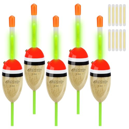 QualyQualy 5 x beleuchtete Angel-Bobber aus EVA-Schaumstoff + 10 x Leuchtstäbe, Nachtangeln, beleuchtete Bobber (Holz, 5,6 cm – 5 Stück)