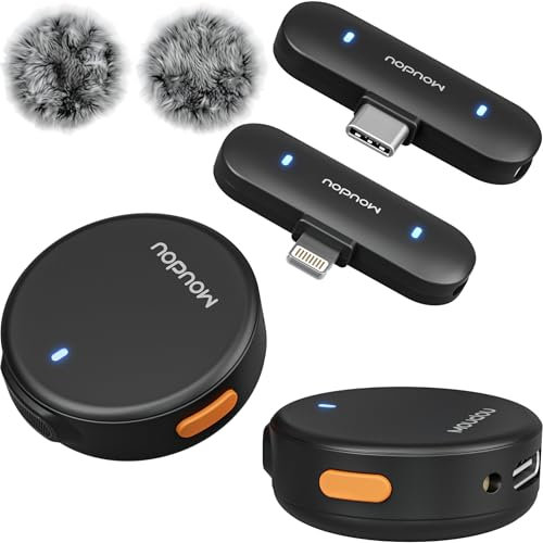 moudou Wireless Lavalier Microphone Set, 2-Pack, Omnidirectional Condenser Recording Mic, 100ft Range, 18H Battery, for iPhone iPad Android, USB-C (Black, Lightning & USB-C)