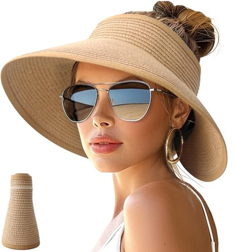 NPJY Sun Hats for Women Wide Brim Roll-Up Beach Ponytail Hat Packable Travel Foldable Straw Visor Khaki