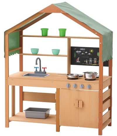 VEVOR Mud Kitchen for Kids, Wooden Toy Play Kitchen Set with Accessories, Outdoor Toddler Grocery Store Playset, Pretend Play Kitchen with Stoves, Planter Boxes, Sink, Faucet, Blackboard, Cookware Pot