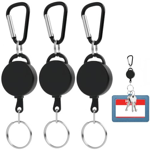 3PCS Noir Bobine de Badge, Porte Badge Enrouleur Robuste, Porte-Badge Idéal pour Pantalons, Ceintures, Cartes d'Identité, Clés - Longueur Extensible 70cm