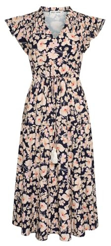 GRACE KARIN Ladies Boho Casual Summer Dresses for Women UK Short Cap Sleeve Ruffle Flowy Midi A-Line Beach Dresses Greee Navy White Floral XL
