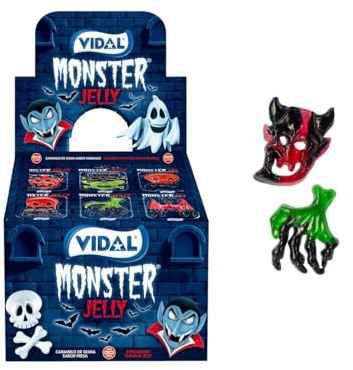 Vidal Monster Jelly Halloween Süßigkeiten - 11 x 6er Blister (66 Grusel Fruchtgummis) - Zombies, Totenköpfe, Geister - Intensiver Erdbeergeschmack, weiche Textur - Made in Spain
