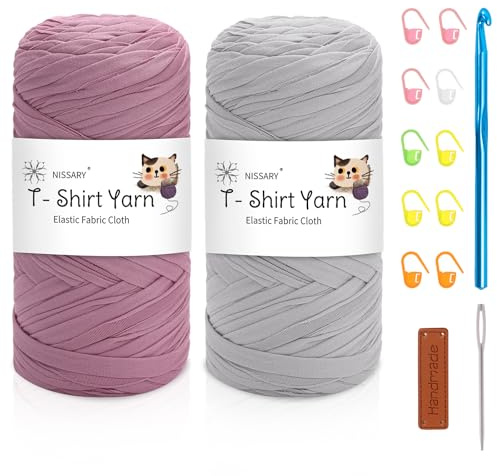 Nissary T-Shirt-Garn für Häkeln 2x 200g - Dicke Wolle zum Häkeln Crochet Yarn inklusive 10mm Häkelnadel & Zubehör - Ideal für DIY-Taschen, Kissen, Chunky-Decken & Home-Decor-Projekte